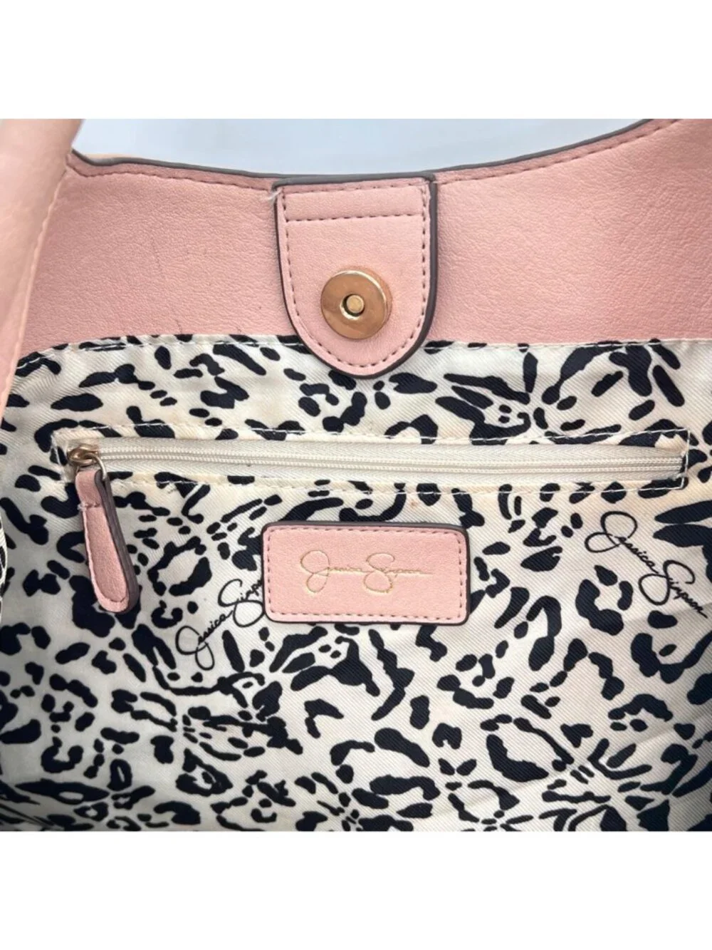 Jessica Simpson Blush Pink Tote Bag With Gold Chain Detail Leopard Print Lining - Picture 7 of 16